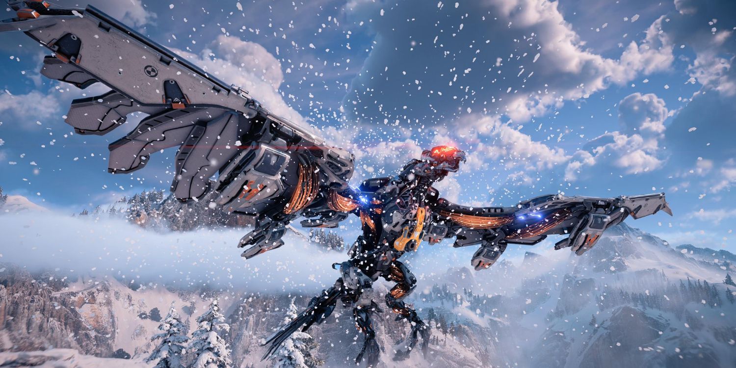 a large, metal bird with glowing red eyes hovers with its wings spread wide while snow falls around it