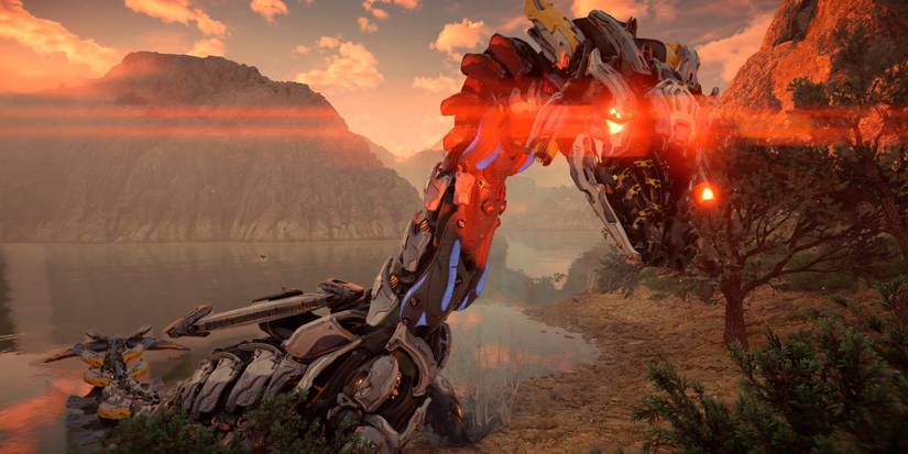 a loch ness monster machina with glowing red eyes next to a lake ringed by mountains 