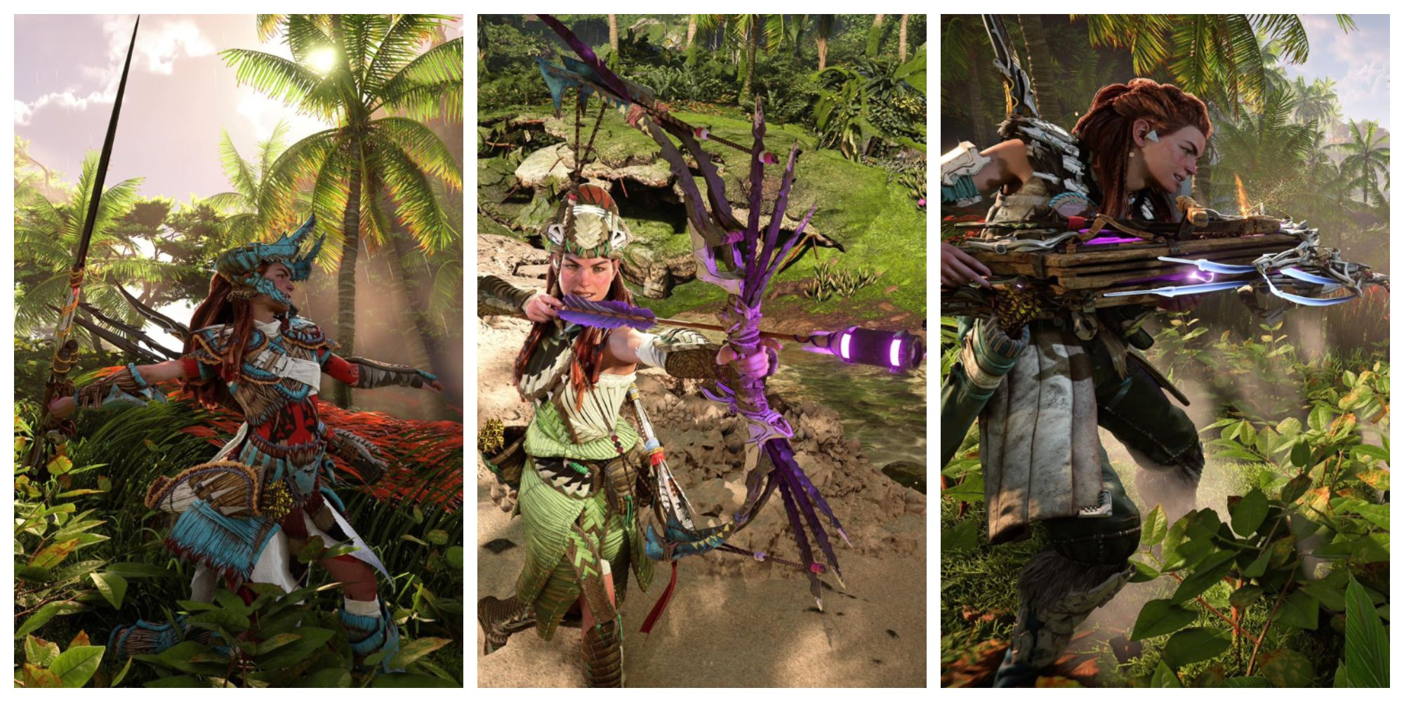 Aloy throwing a large, metal spear; aloy pulling back a glowing purple arrow on a large bow; and aloy holding a large crossbow 