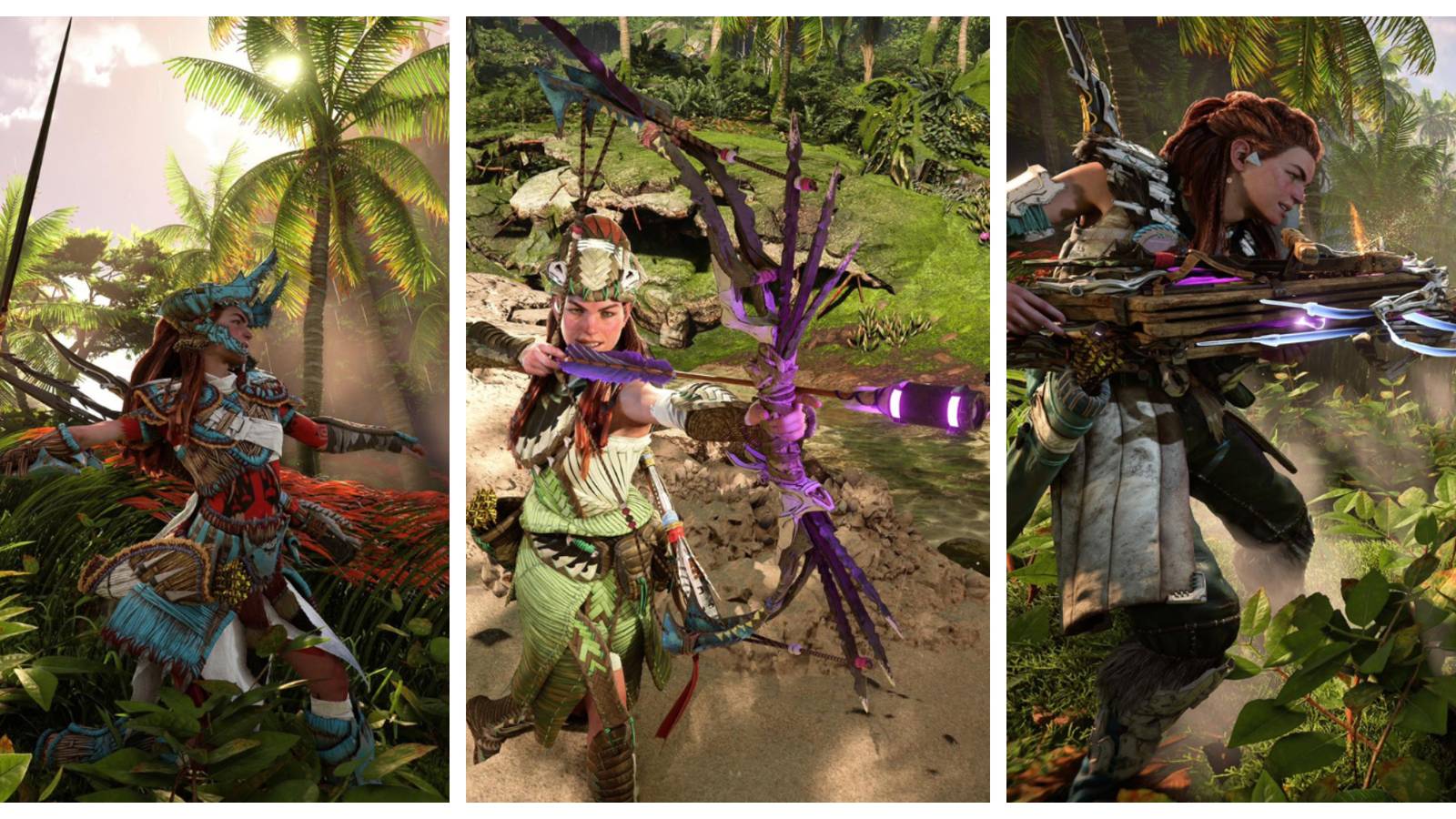 Aloy throwing a large, metal spear; aloy pulling back a glowing purple arrow on a large bow; and aloy holding a large crossbow 