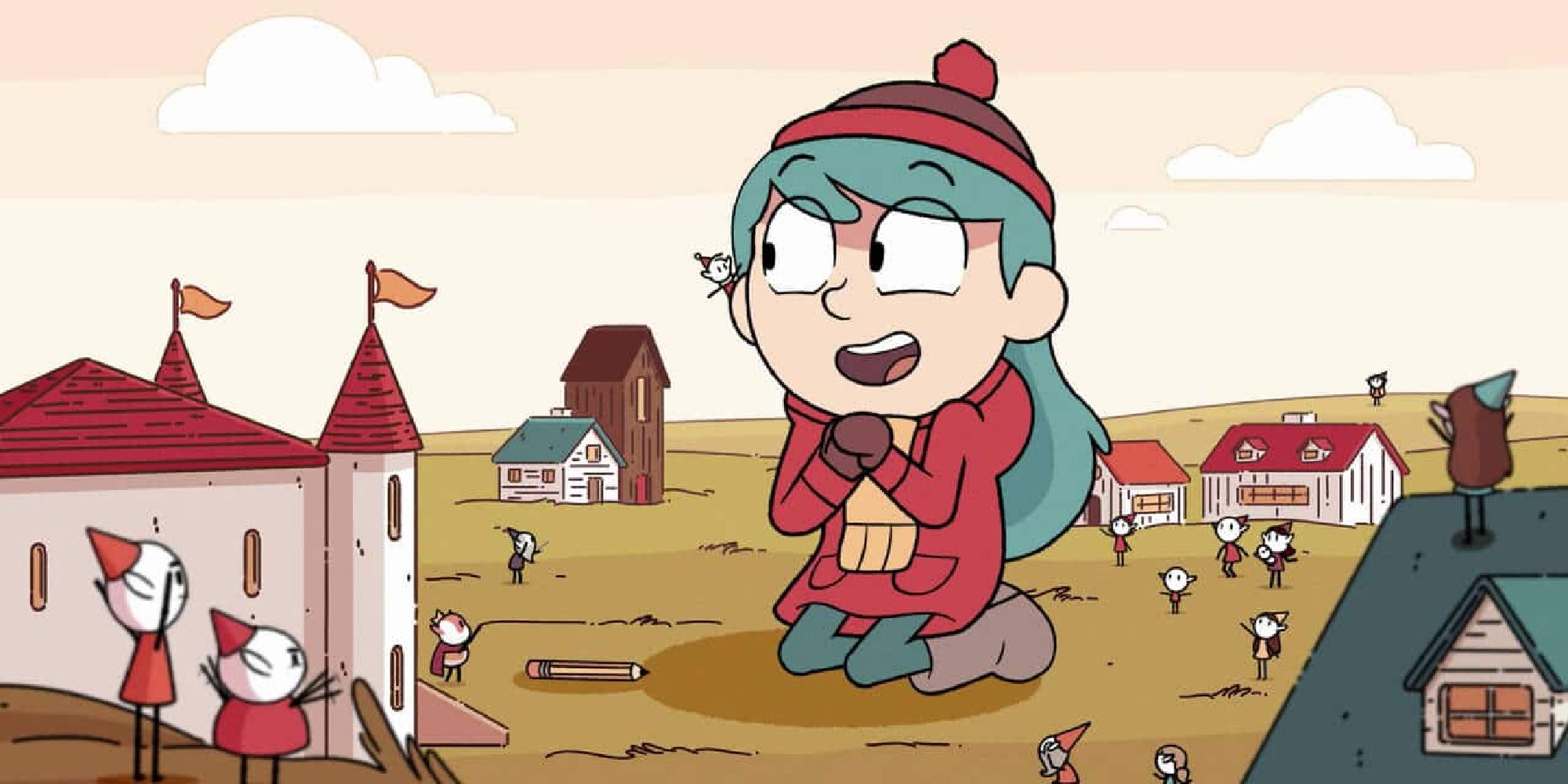 Hilda kneeling to talk to the tiny elves near her home