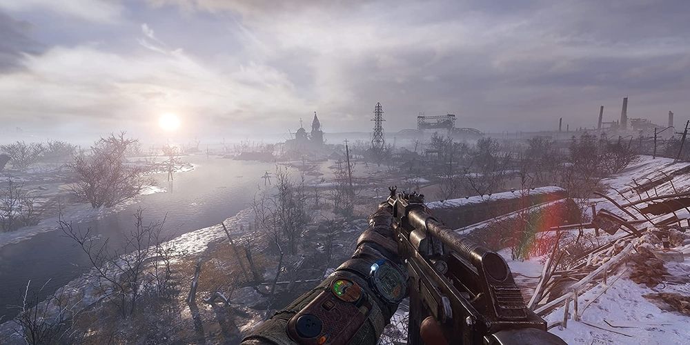 A view over a river in the first world you visit in Metro: Exodus
