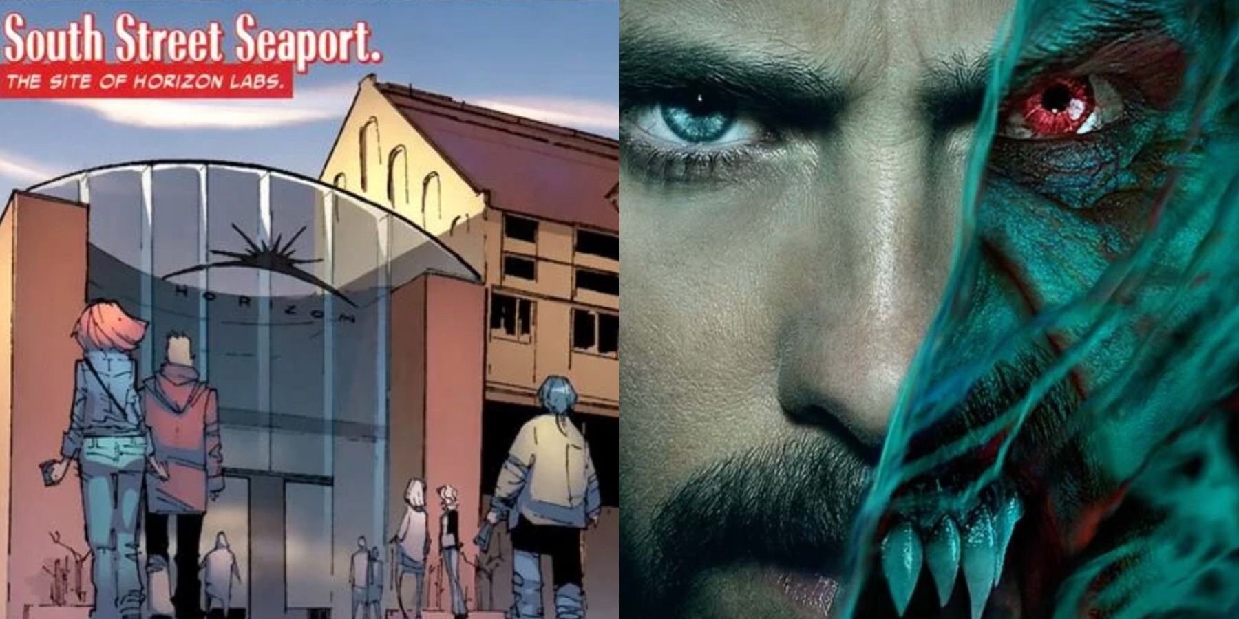 A split image depicts Horizon Labs in Marvel comics and Morbius in a promotional image from the Sony movie