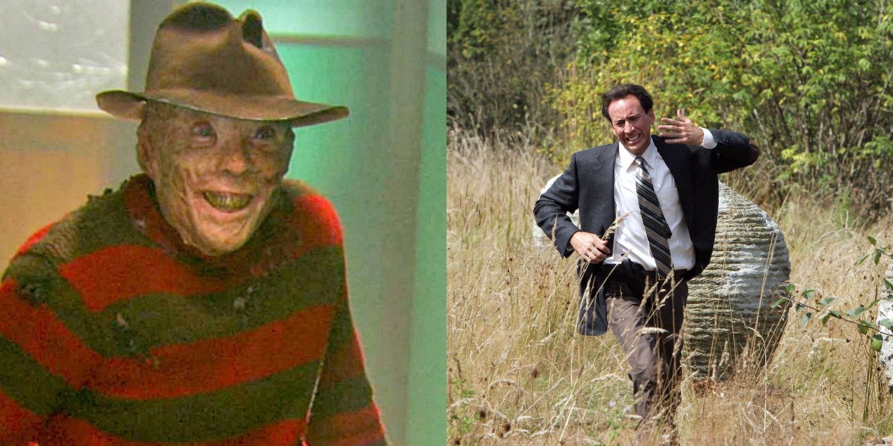 Split image of Freddy Krueger in A Nightmare On Elm Street (2010) and Nicolas Cage in The Wicker Man (2006)