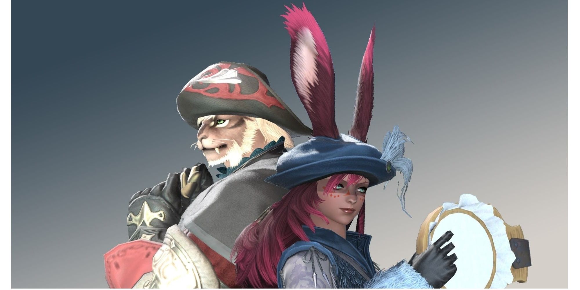 Final Fantasy 14 mod screenshot of Hrothgar and Viera wearing hats