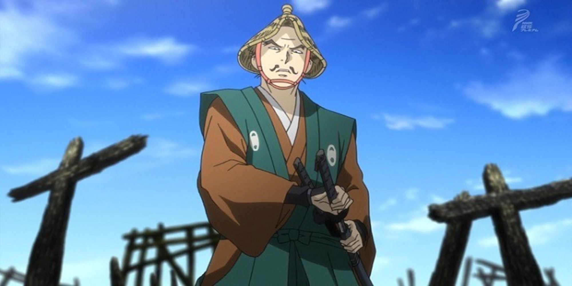 Captura de tela do personagem principal de Hyouge Mono desembainhando sua espada