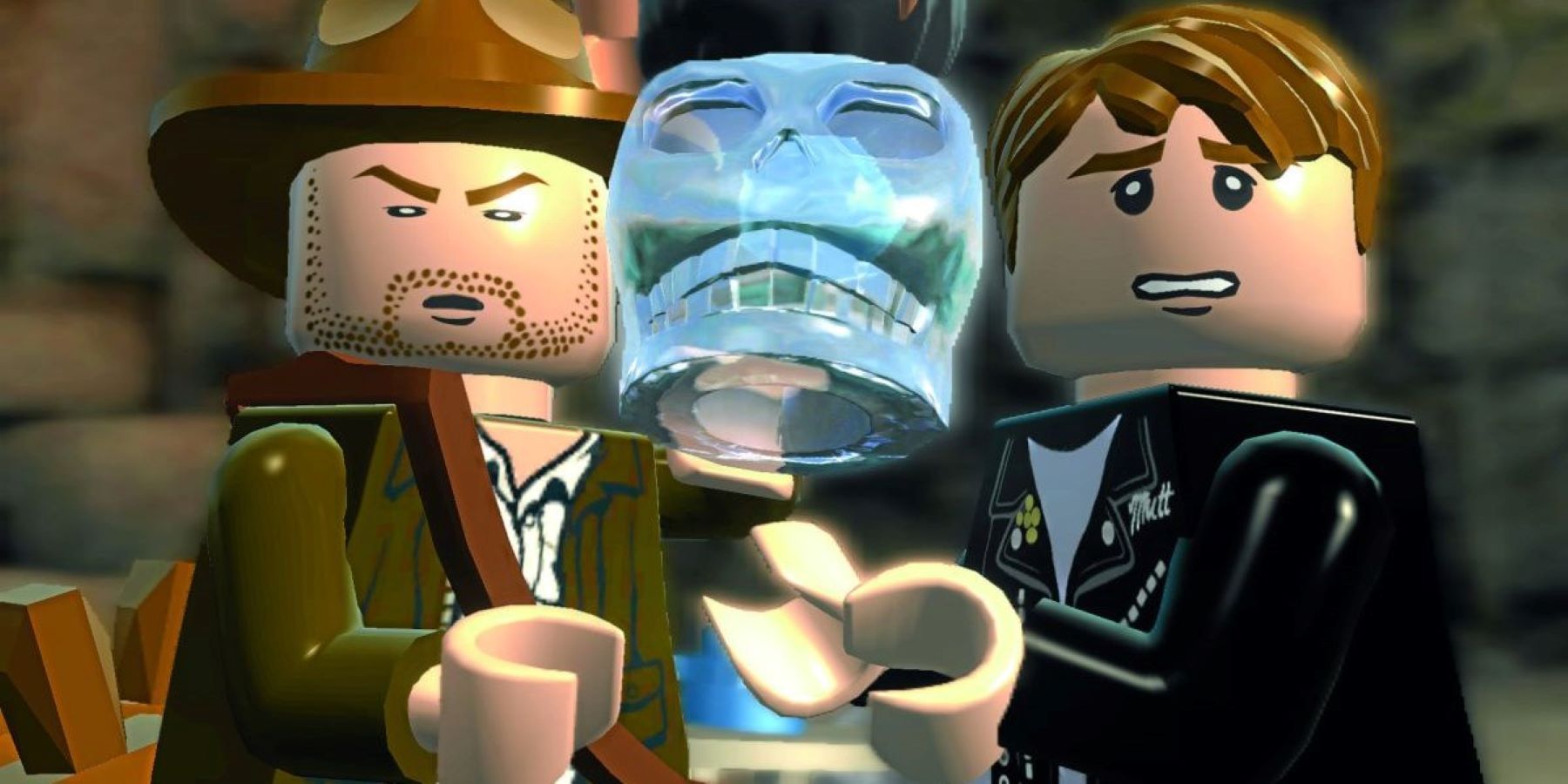 Indiana Jones and Mutt Williams holding a crystal skill in LEGO Indiana Jones 2