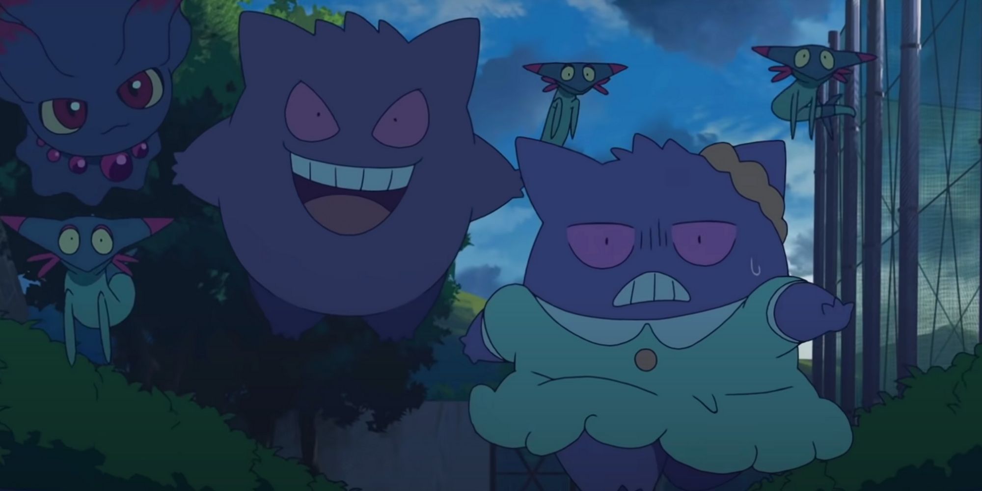 Poketoon: Gengar In A Dress Running, Another Gengar Floats Alongside As The Sun Rises