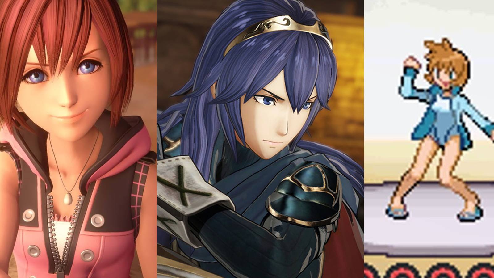 Kairi in a cutscene from Kingdom Hearts 1; Lucina appearing in Fire Emblem Warriors for Switch; Misty in a Gym Battle in Heart Gold/Soul Silver