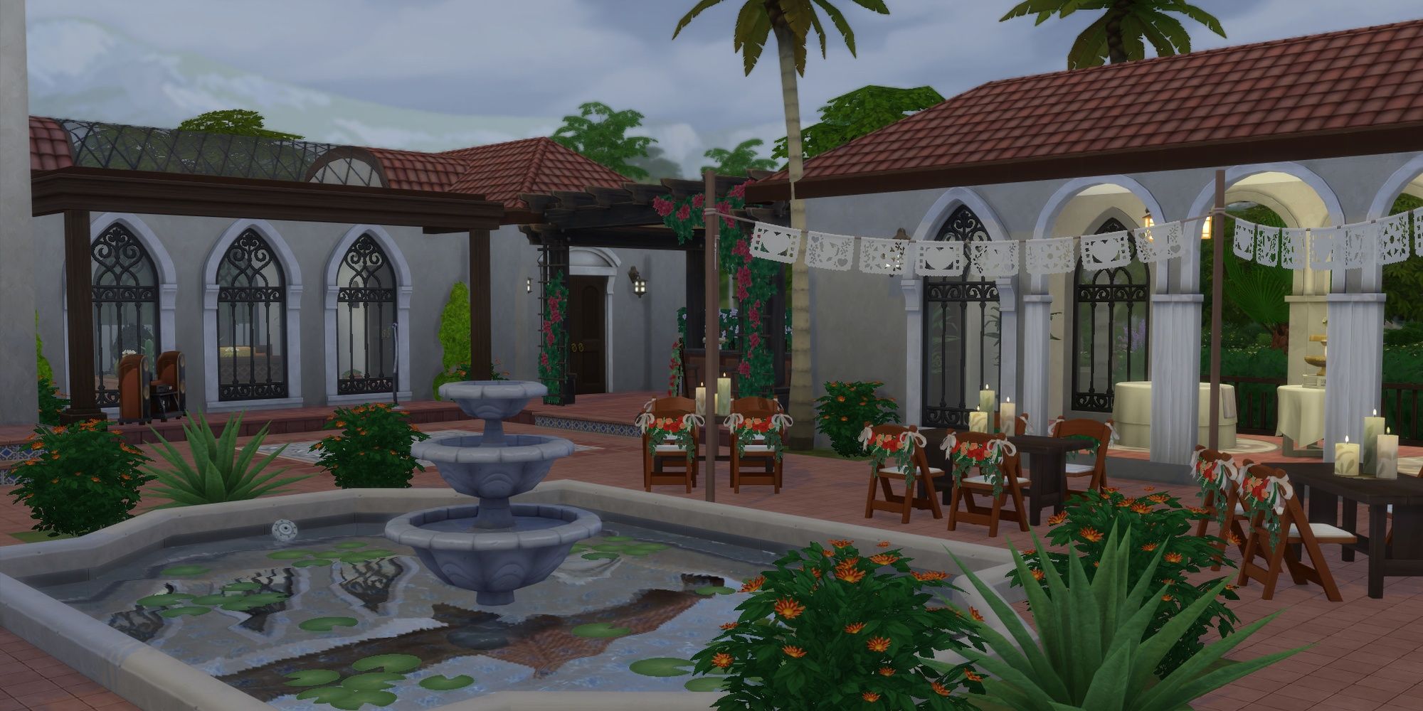 A courtyard with terracotta tile and a fountain in The Sims 4.
