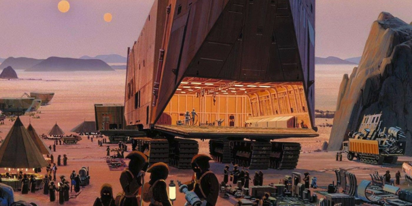 Масштабная ярмарка Star Wars Jawas с Sandcrawlers на Татуни с закатом