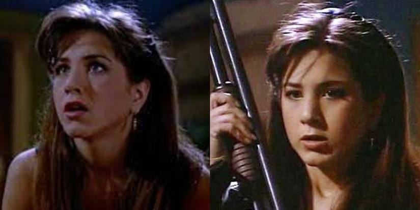 Split image of Jennifer Aniston as Tory in Leprechaun 