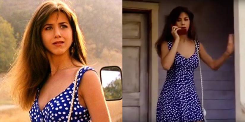 Split image of Jennifer Aniston as Tory wearing a blue and white polka dot dress in Leprechaun