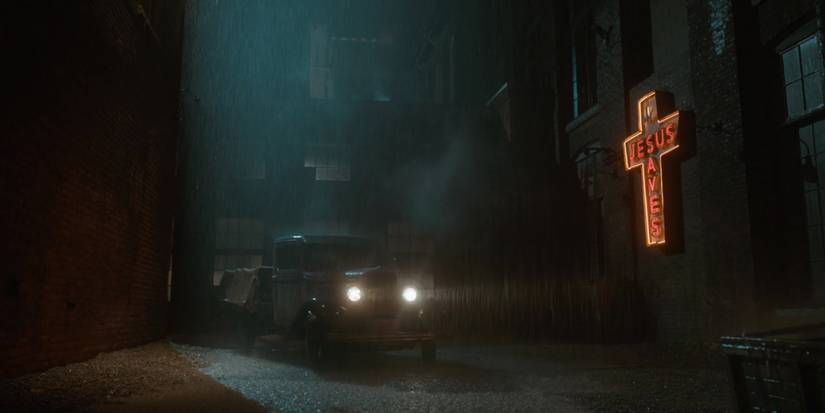 Jesus Saves neon cross from Nightmare Alley referencing the film Mimic