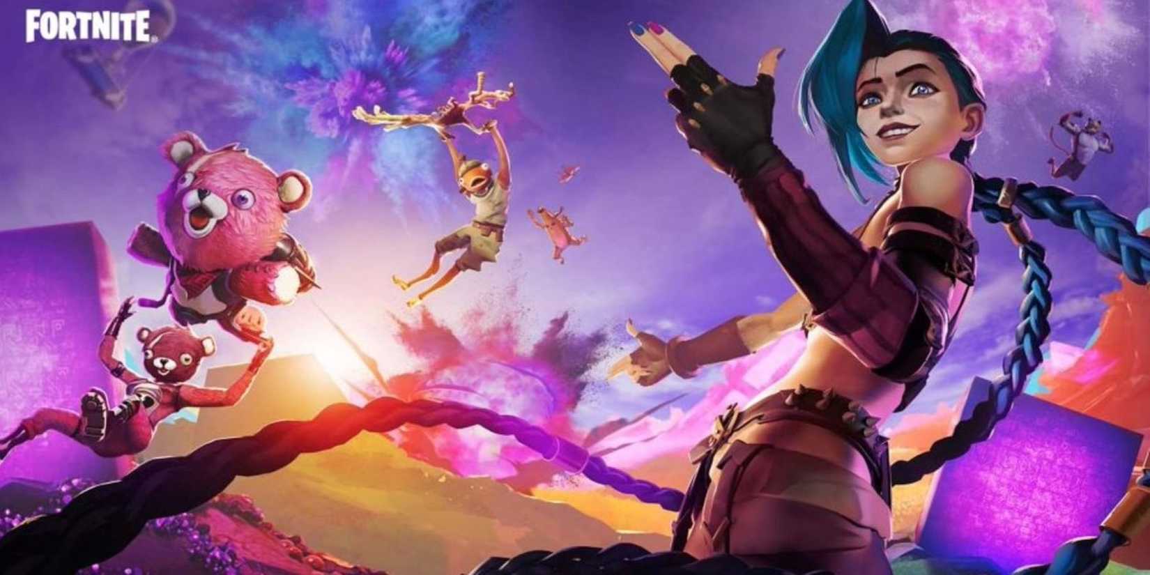 Promo art of Jinx in Fortnite surrounded by purple cubes and explosions