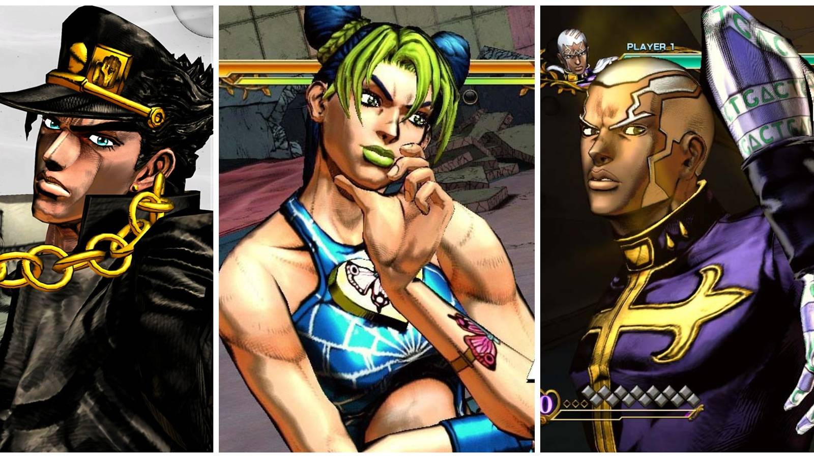 From JoJo's Bizarre Adventure: Split image of close-up views of Jotaro Kujo, Jolyne Kujo, and Enrico Pucci