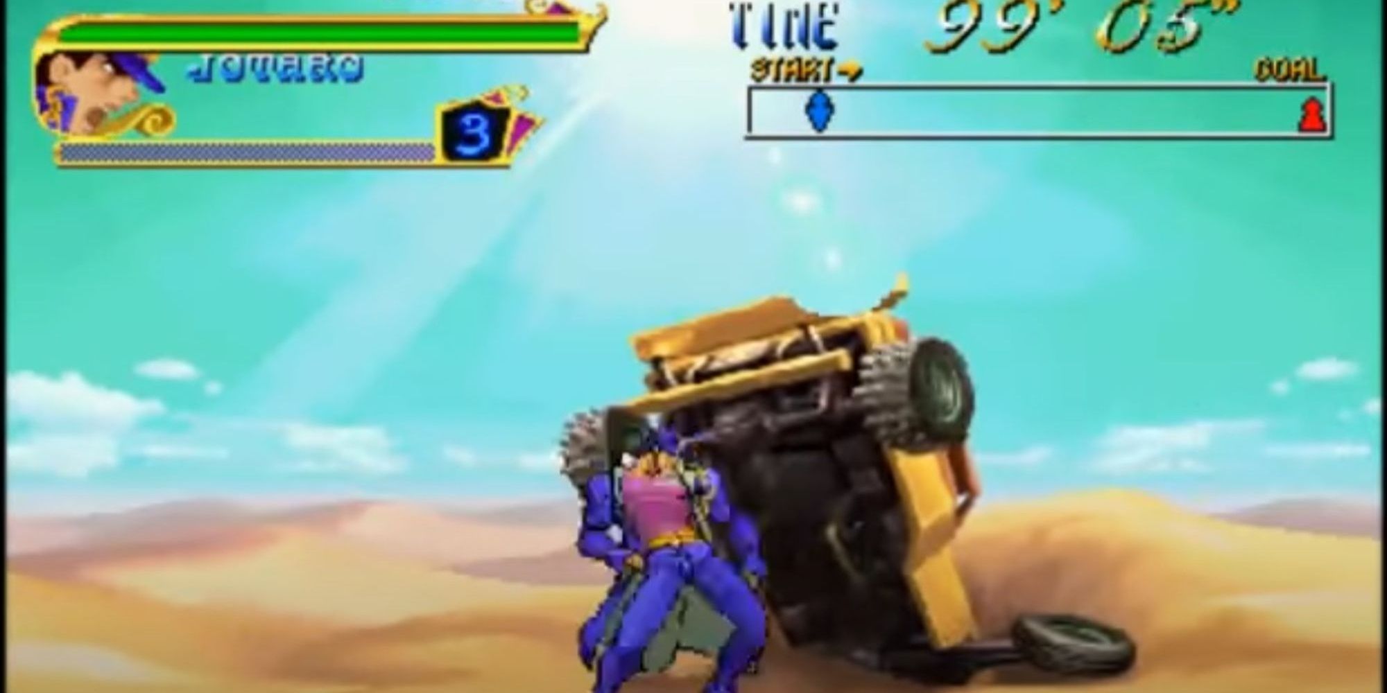 Gameplay Of JoJo's Venture For Arcade with character next to vehicle in sand
