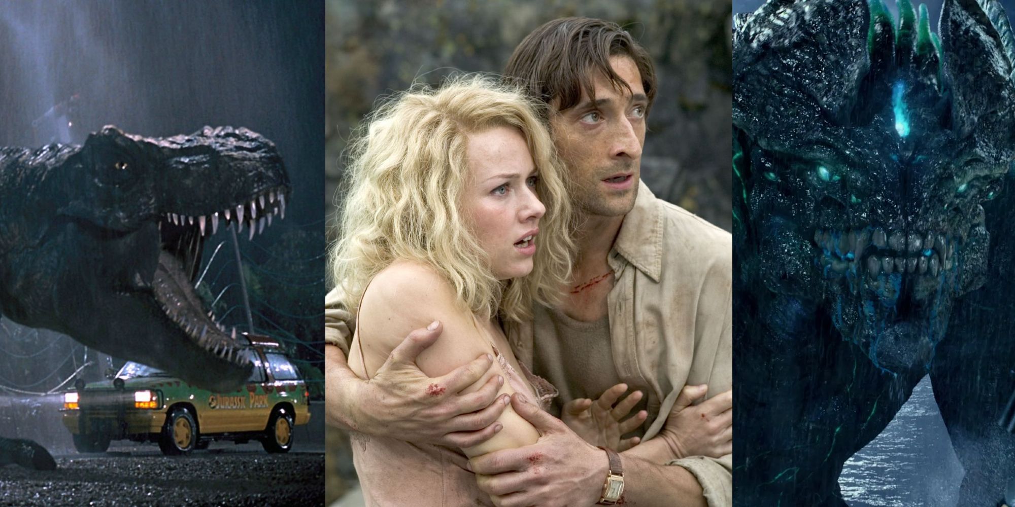 The T-Rex in the infamous scene from Jurassic Park; Adrien Brody and Naomi Watts embracing in King Kong (2005); a kaiju from Pacific Rim coming out of the water