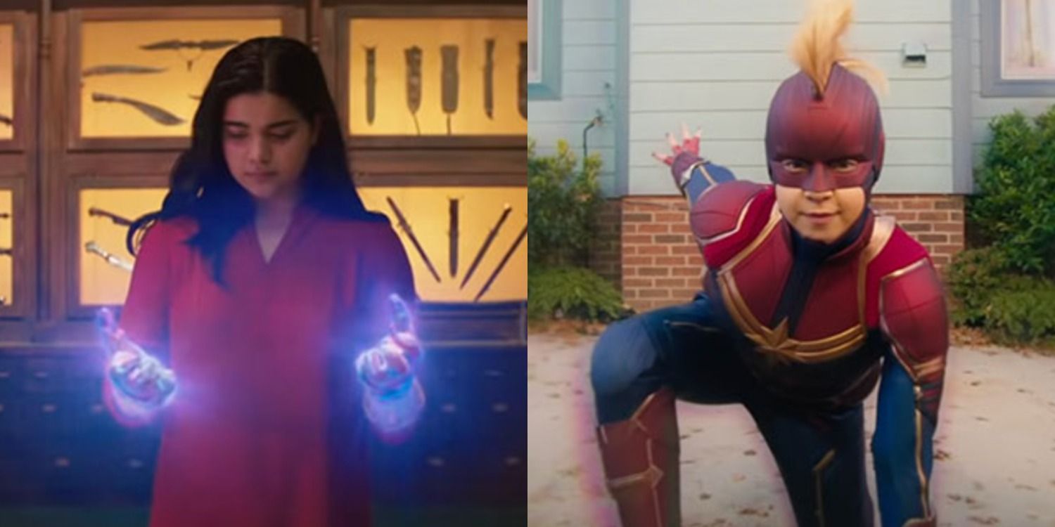 A split image depicts Kamala Khan in the Disney Plus trailer for Ms. Marvel out of and in her costume