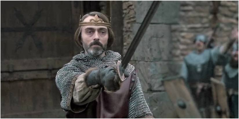 King Alfred in The Last Kingdom Holding Sword at Someone