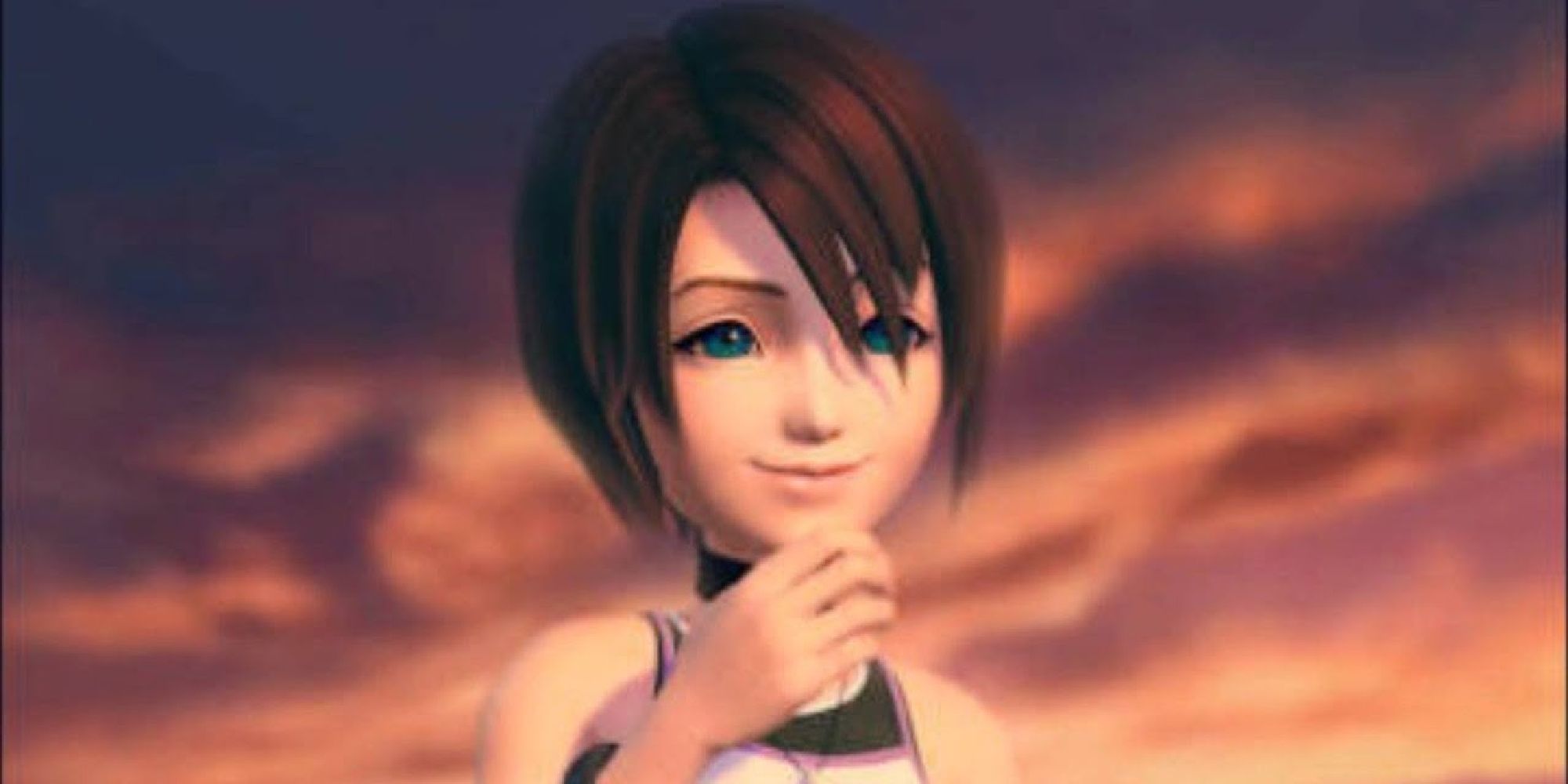 Kairi smiling during a sunset in a Kingdom Hearts cutscene