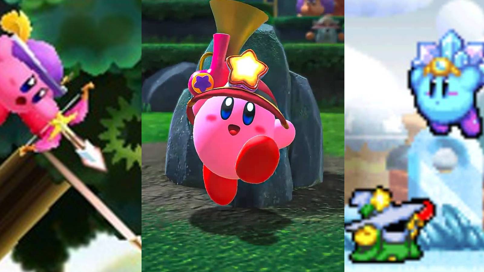 Kirby's Archer ability in Kirby Triple Deluxe; Kirby's Ranger ability in Kirby and the Forgotten Land; Kirby's Ice ability in Kirby Super Star Ultra