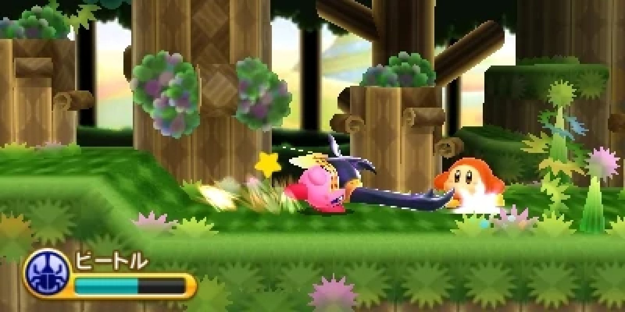 Kirby attacking a Waddle Dee with his beetle horn in Kirby Triple Deluxe