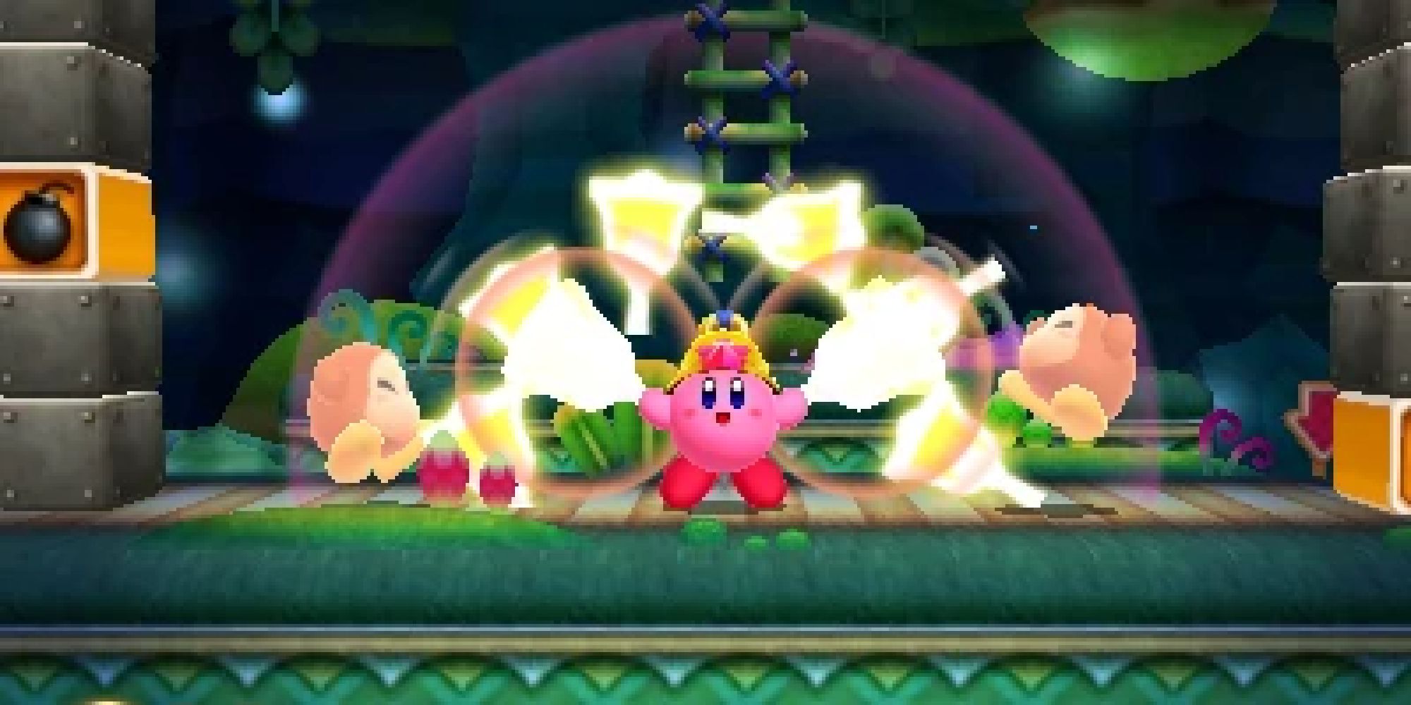 Kirby hitting two Waddle Dees with the Bell ability in Kirby Triple Deluxe