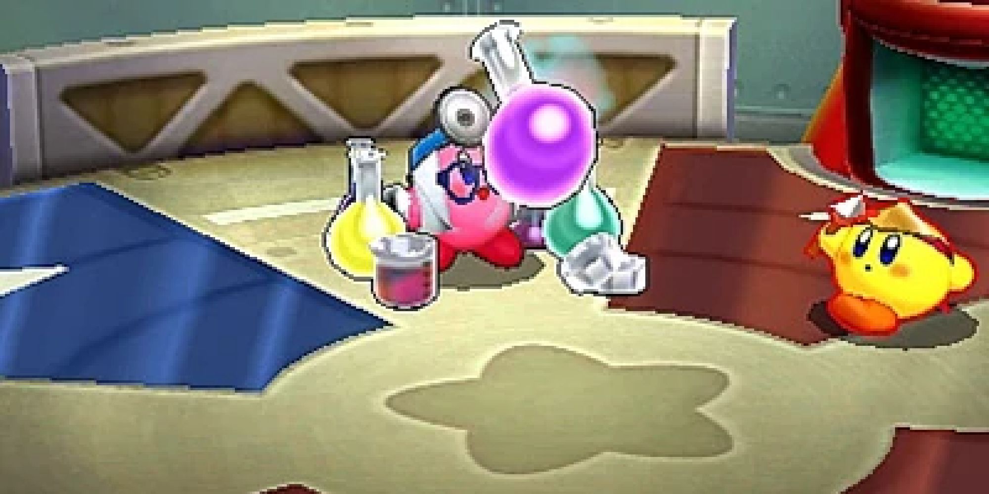 Kirby in the Doctor ability holding up flasks in Kirby Fighters Deluxe