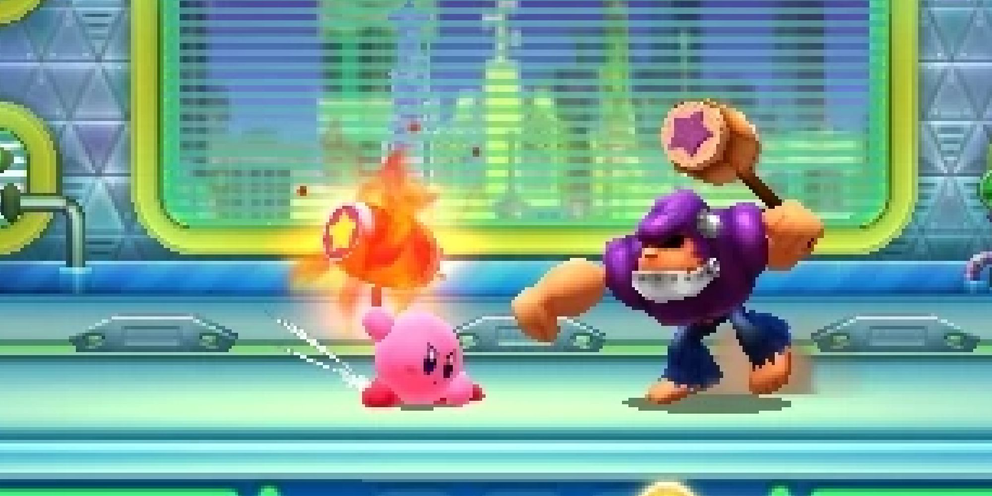 Kirby preparing to hit an enemy with a charged Hammer attack in Kirby Planet Robobot