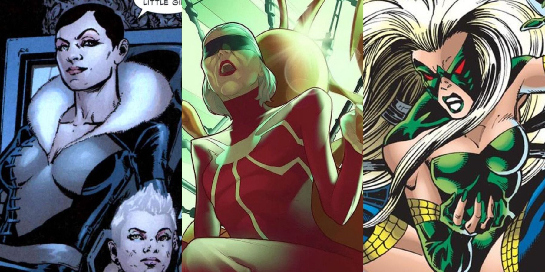 A split image depicts Sasha Kravinoff, Madame Web, and Charlotte Witter in Marvel comics