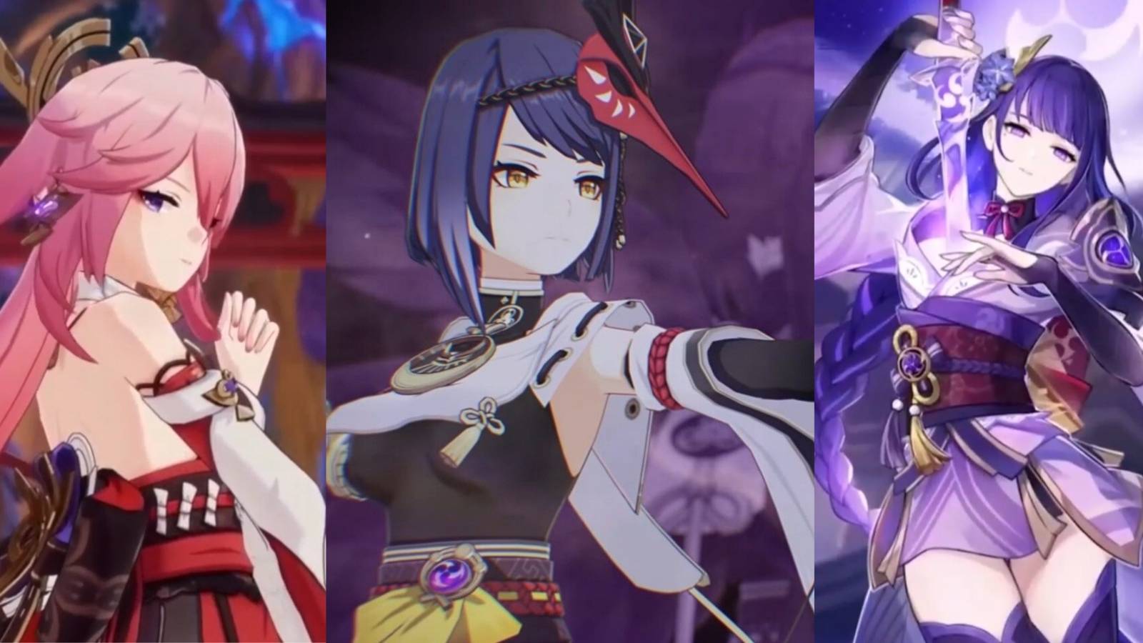 Kujou Sara, Yae Miko, and Raiden Shogun