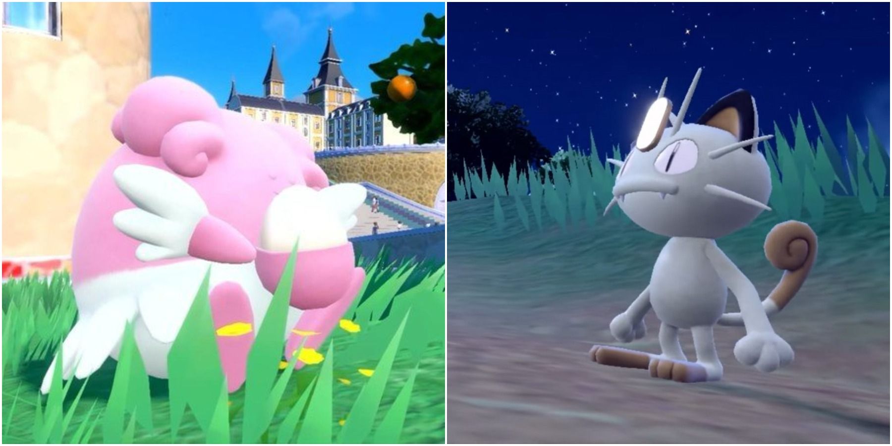 Split image of Blissey and Meowth in the trailer. 
