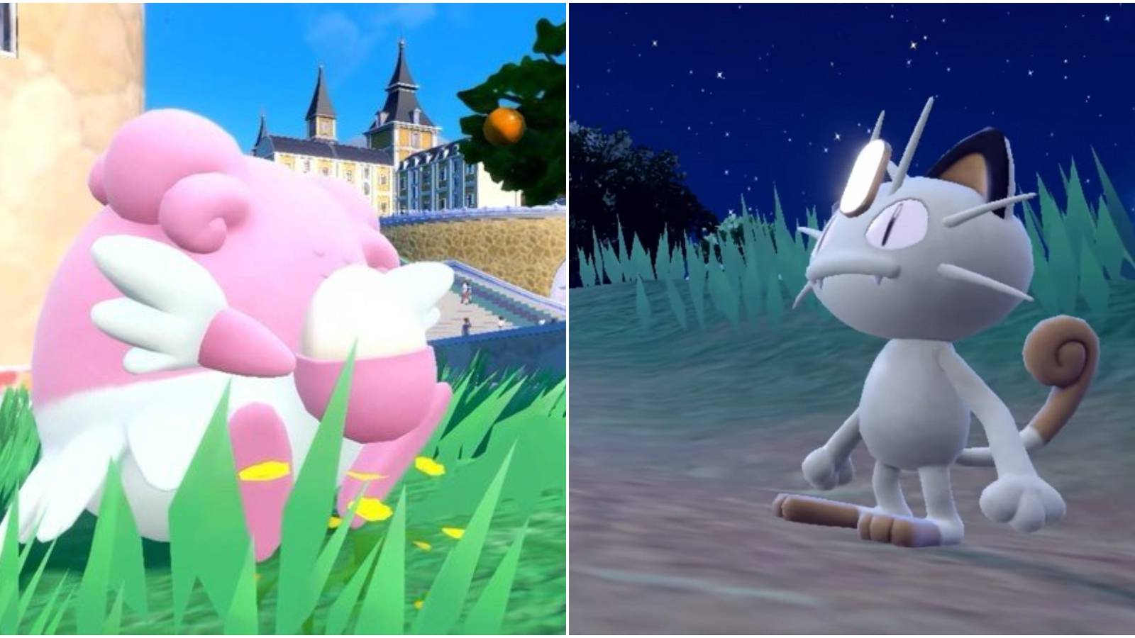 Split image of Blissey and Meowth in the trailer. 