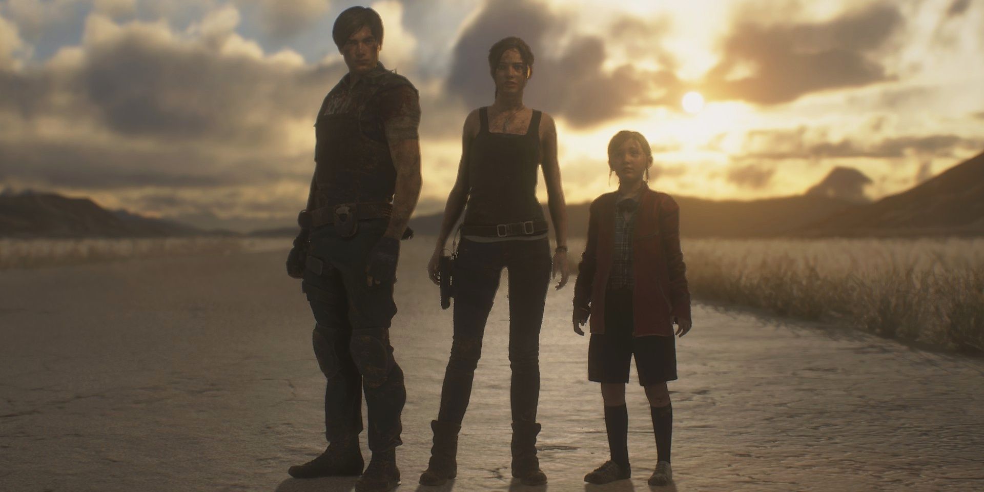  Leon Kennedy, Claire Redfield And Sherry Birkin standing in the light at the end of Resident Evil 2