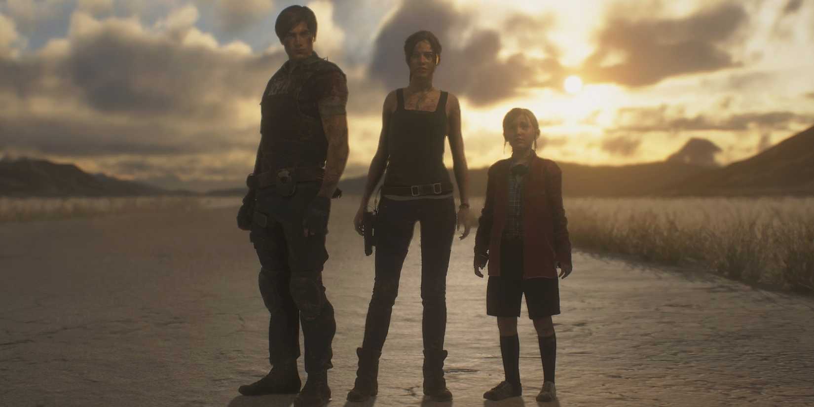  Leon Kennedy, Claire Redfield And Sherry Birkin standing in the light at the end of Resident Evil 2