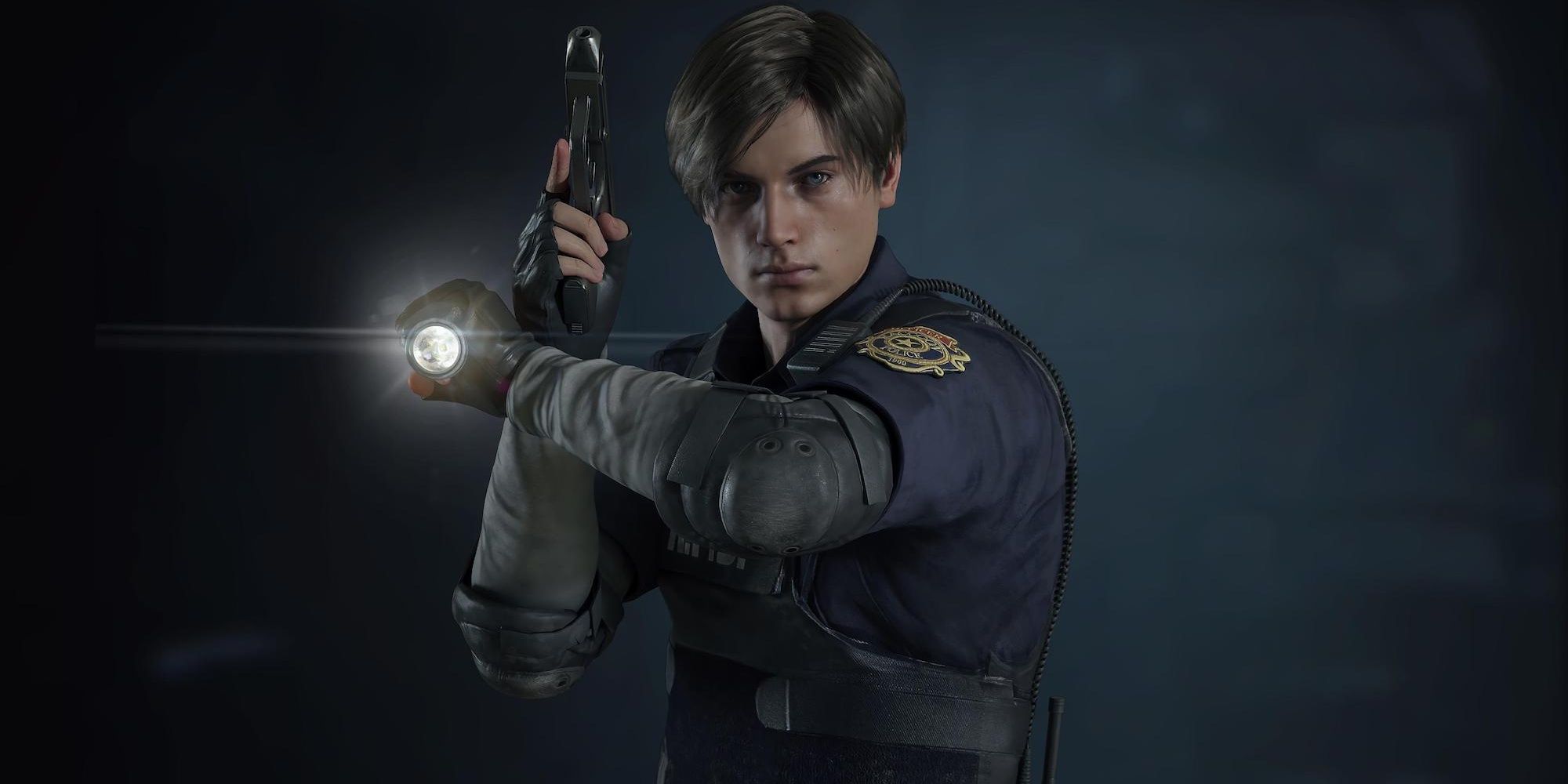 Leon Kennedy equipped with his flashlight and pistol in Resident Evil 2