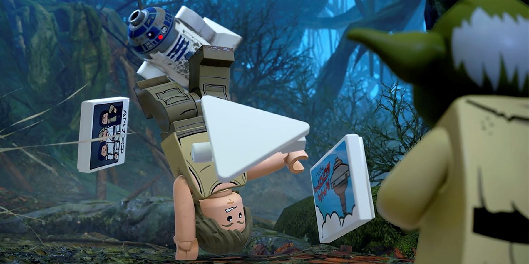 Luke Skywalker training on Dagobah with Yoda and R2-D2 in LEGO Star Wars: The Skywalker Saga