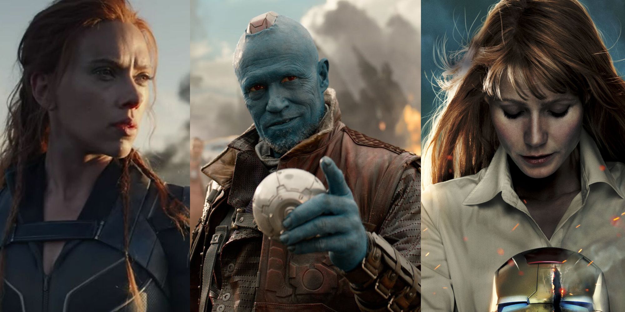 Natasha Romanoff in Black Widow; Yondu holding the Power Stone in Guardians 1; Pepper Potts holding the Iron Man helmet in an Iron Man 3 poster