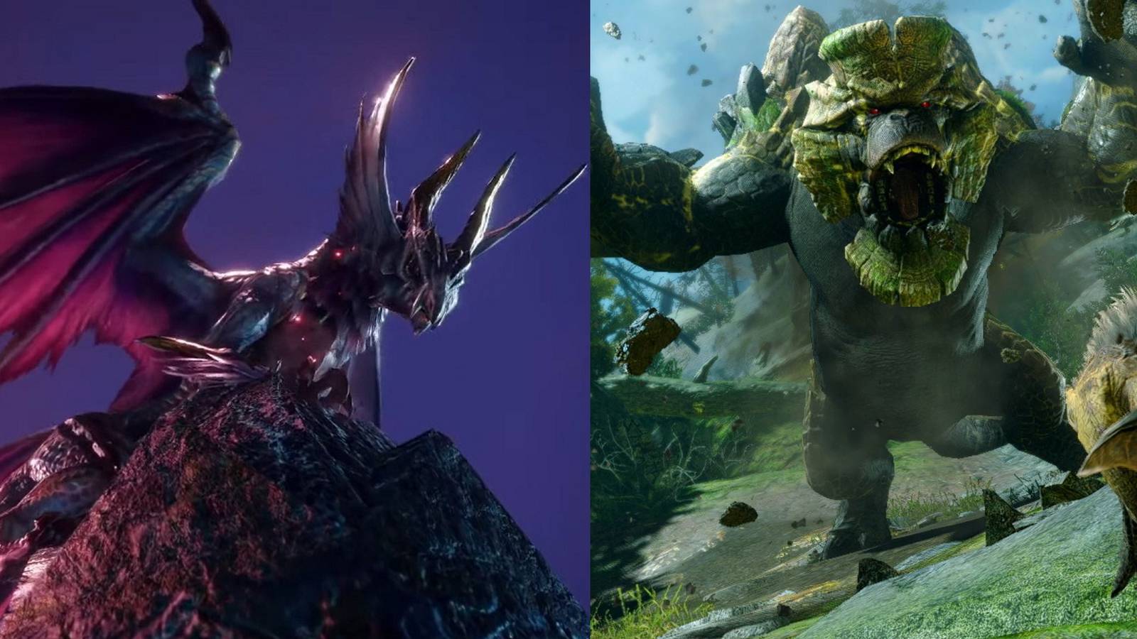 Malzeno standing on a mountain; Garangolm attacking some Small Monsters