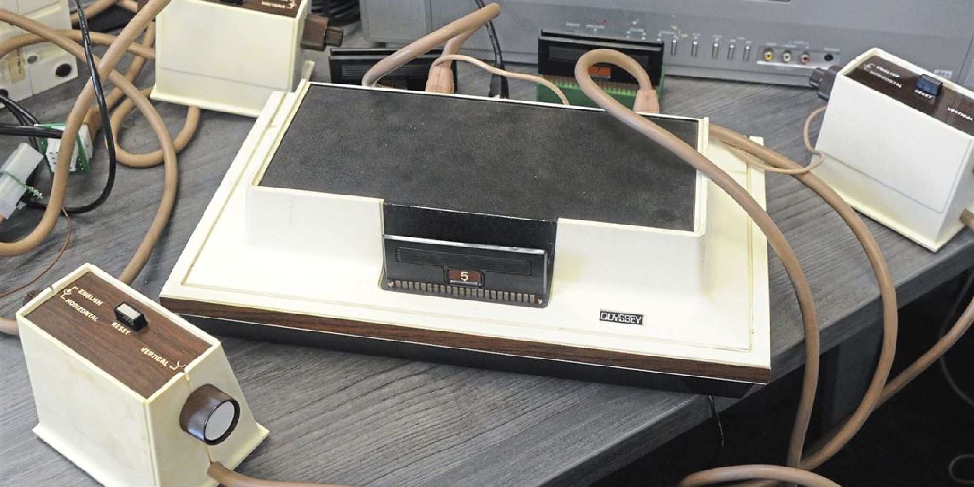 The Magnavox Odyssey and its two controllers hooked up to a TV