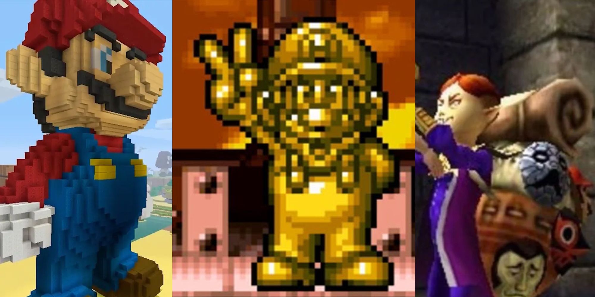A giant Mario statue created in Minecraft; A golden Mario statue as Kirby's Stone ability; Happy Mask Salesman with a Mario mask on his backpack