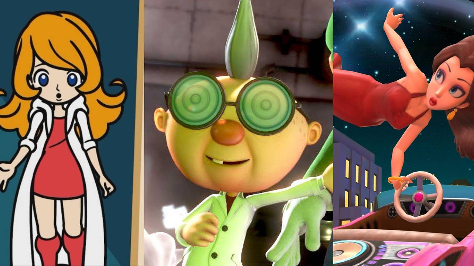 Mona in WarioWare: Get It Together!; E.Gadd in a cutscene from Luigi's Mansion 3; Pauline doing a trick jump in Mario Kart Tour