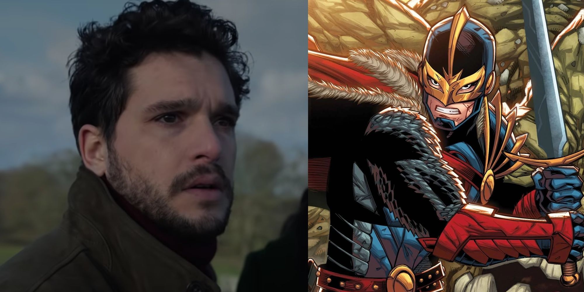 Dane Whitman played by Kit Harington in Eternals; Black Knight wielding the Ebony Blade in the comics