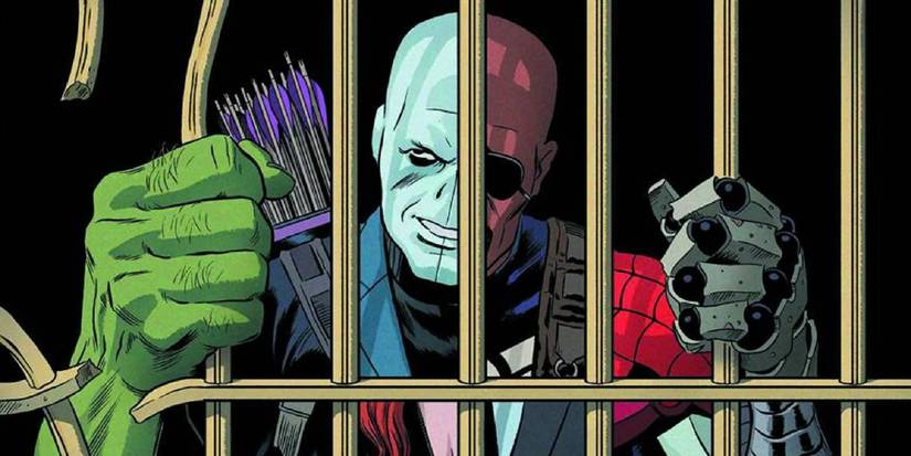 Chameleon behind a jail cell with parts of Hulk, Hawkeye, Spider-Man, Nick Fury, and Black Widow's body