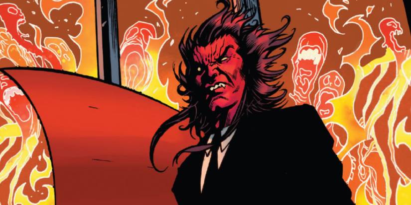 Mephisto wearing a suit surrounded by flames from the comics