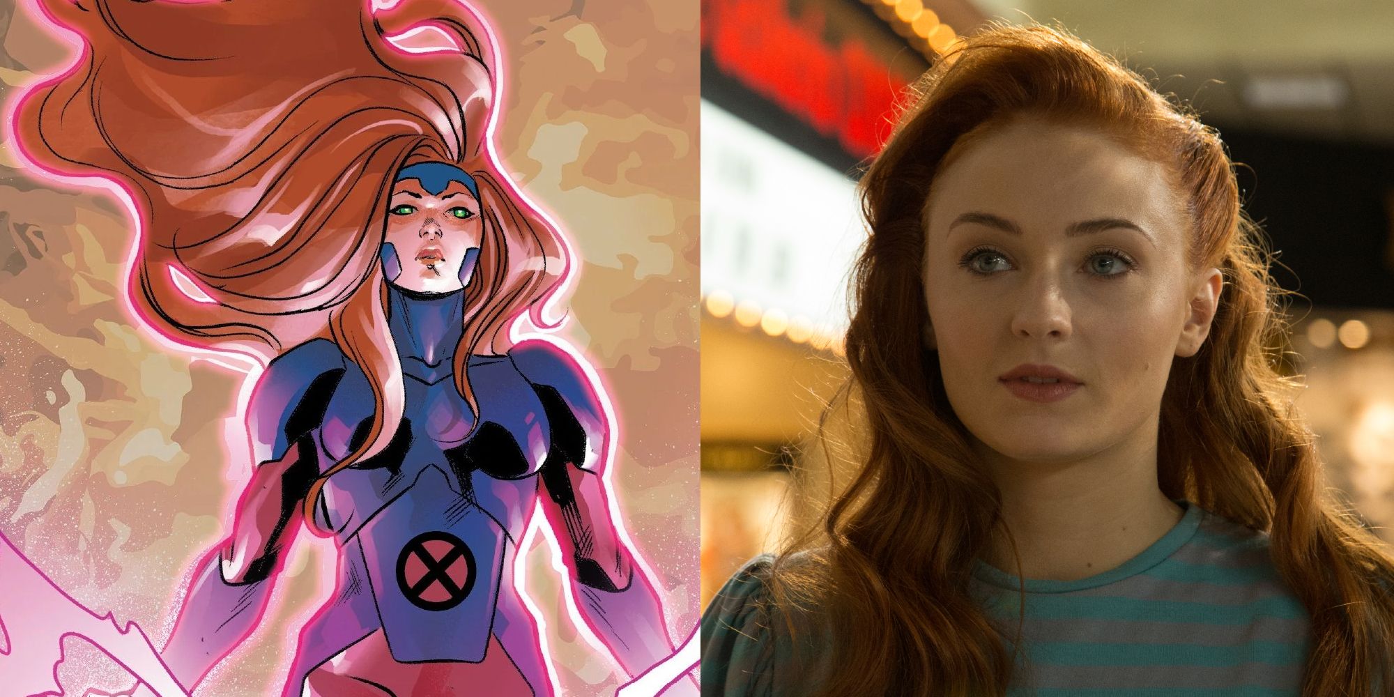 Phoenix in her X-Men uniform in the comics; Sophie Turner appearing as Jean Grey in X-Men: Apocalypse