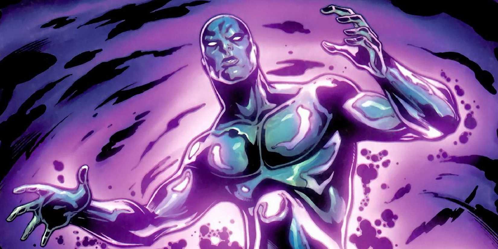 Silver Surfer traveling through a dimensional rift