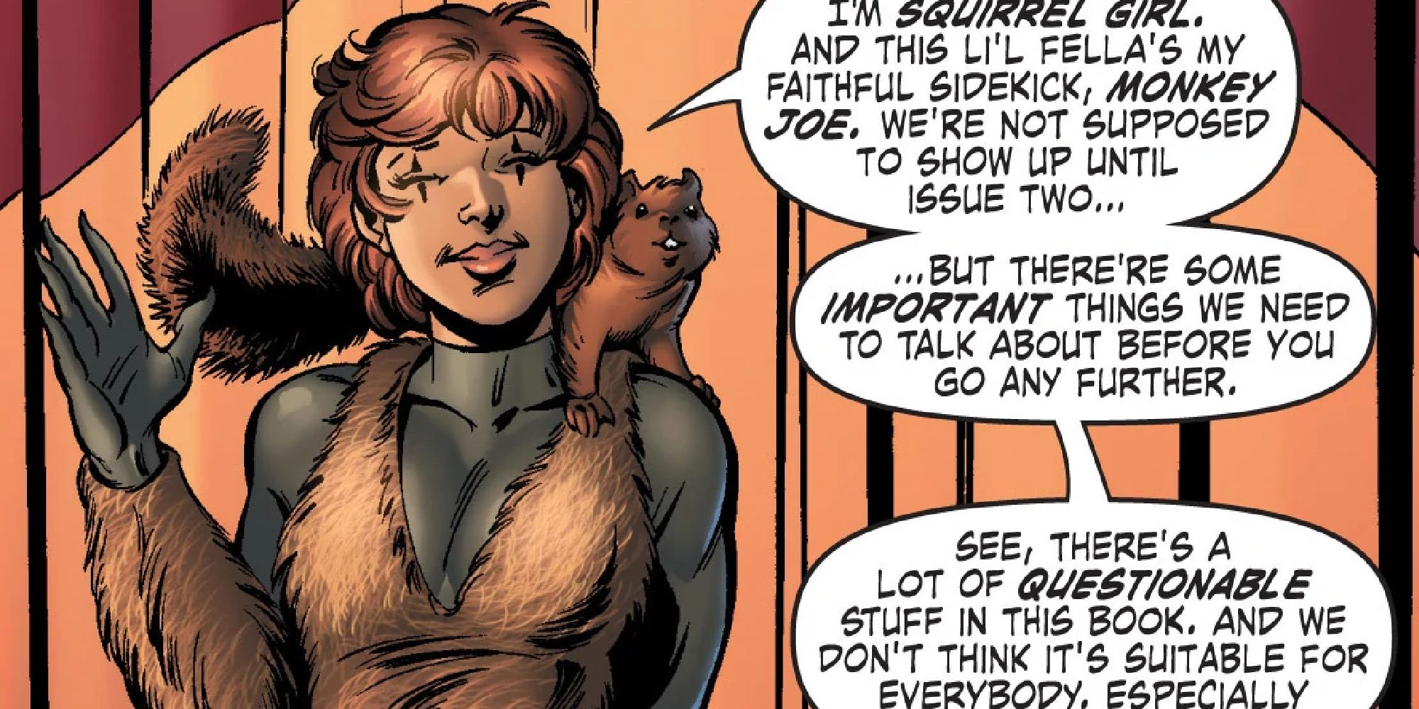 Squirrel Girl appearing to give a disclaimer in a Marvel comic