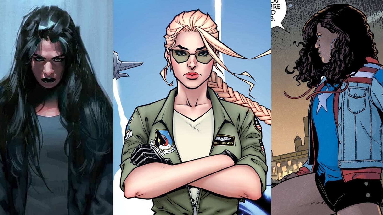 Jessica Jones in street clothes in the comics; Carol Danvers in her Air Force garb as planes fly behind her; America Chavez taking a power stance by a cityscape